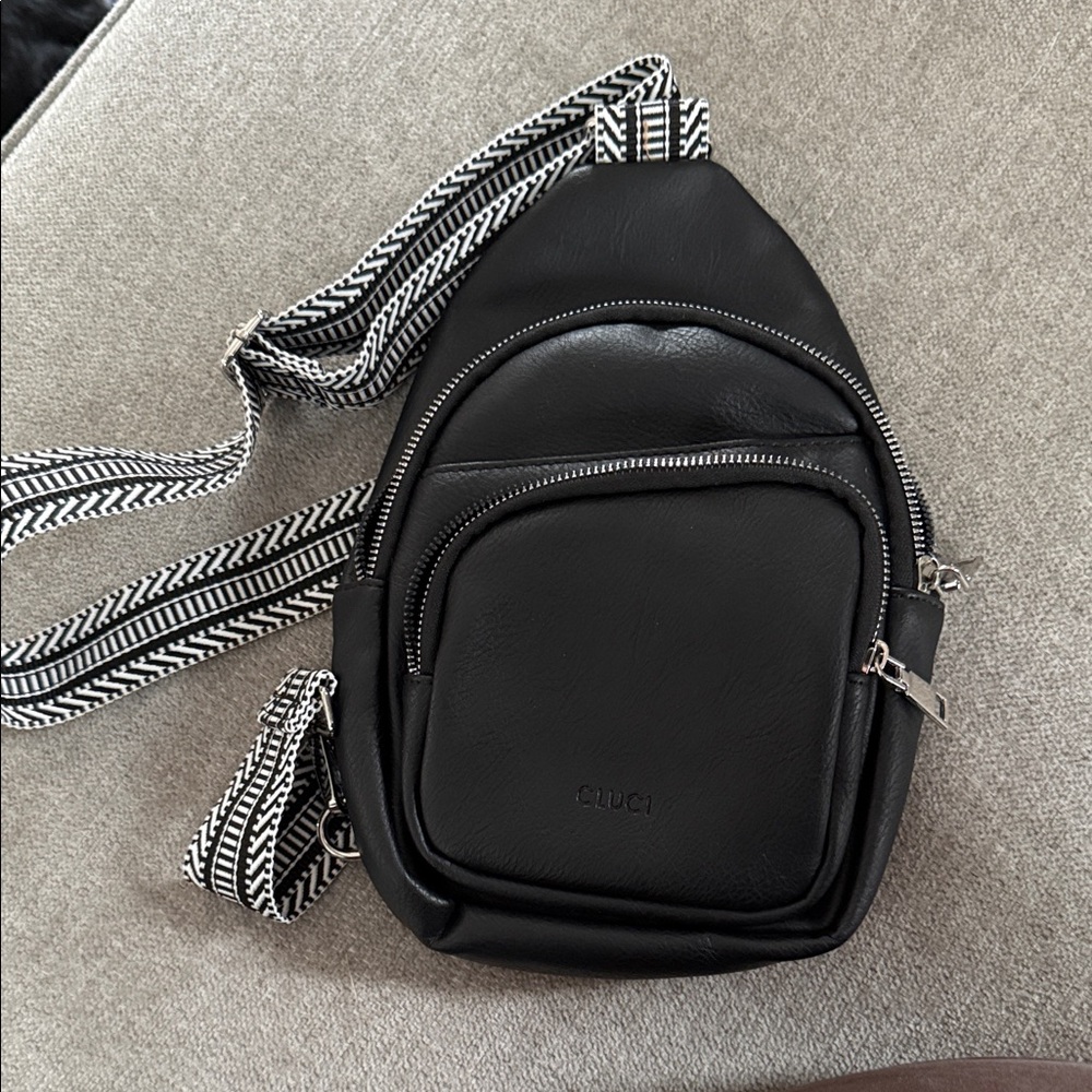 Black Belt Bag with Patterned Strap